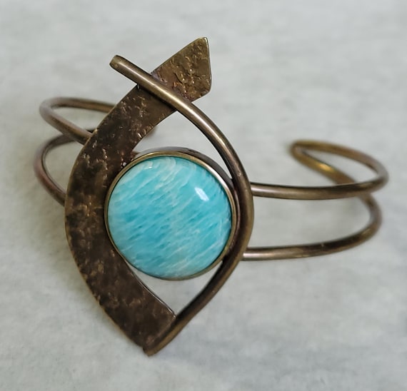 Hammered bronze amazonite cuff statement bracelet… - image 2