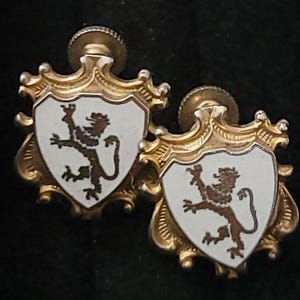 Gold tone white enamel Heraldic lion shield screw back earrings .6 x .6 inch