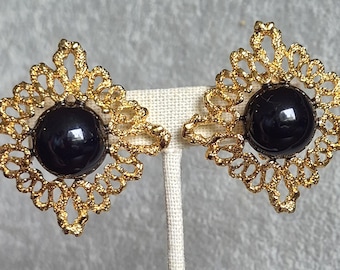 Large AVON textured open work yellow gold tone black cabochon brutalist vibe clip on earrings ear clips 1.75 inch