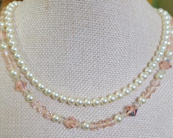 16 inch double strand classy elegant faux pearl pink iridescent clear faceted bead necklace gold tone flower clasp