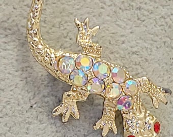 1 x 2 inch gold tone gecko salamander pin brooch with clear AB and red rhinestones