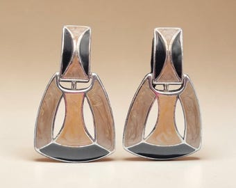 silver tone brown beige swirl black enamel doorknocker clip on earrings ear clips .75 x 1.1 inch