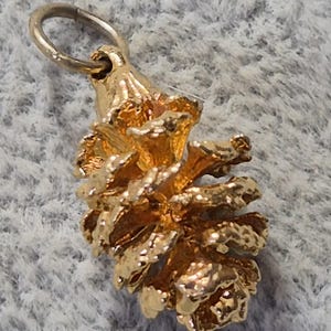 May include: A gold-coloured pine cone charm with a textured surface and a small loop at the top for attaching to a necklace or bracelet. The charm is highly detailed, showcasing the natural shape and texture of a pine cone.