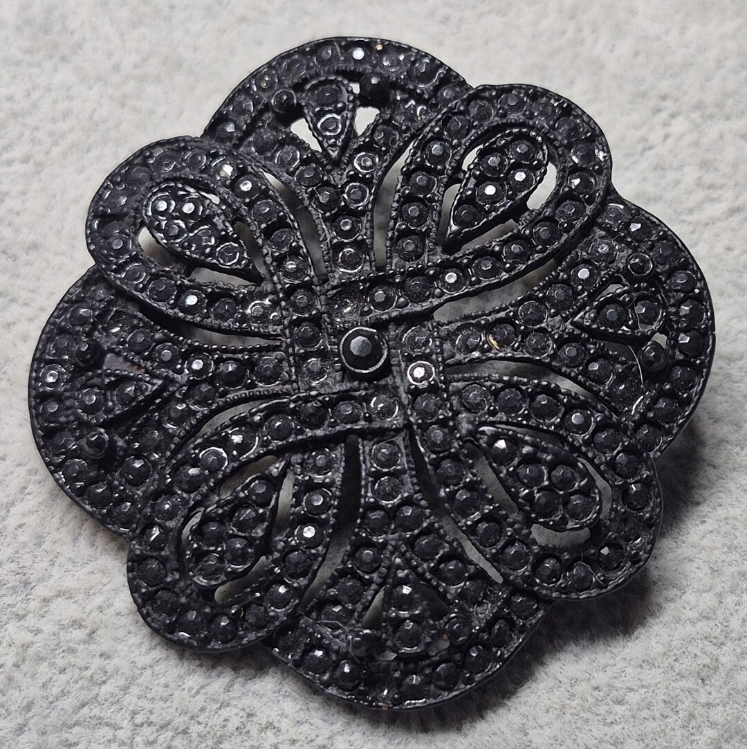 Black Open Work Rhinestone 2 Inch Pin Brooch Mourning - Etsy