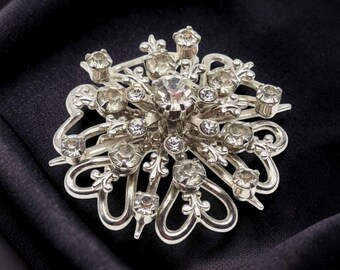 Silver tone clear rhinestone layered snowflake open work pin brooch 1.5 inch