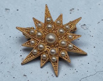 1.1 inch gold plated imitation pearl small sun burst pin brooch