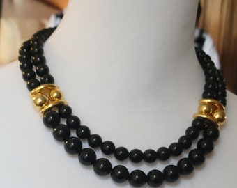 Vtg 18 inch Napier double strand black gold bead  necklace signed
