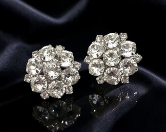 Silver tone clear prong set rhinestones clip on earrings ear clips 1 inch