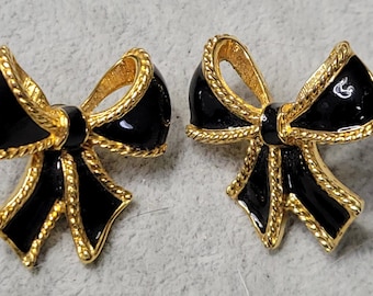 KJL Kenneth Jay Lane for AVON gold tone black enamel pierced post ribbon bow earrings