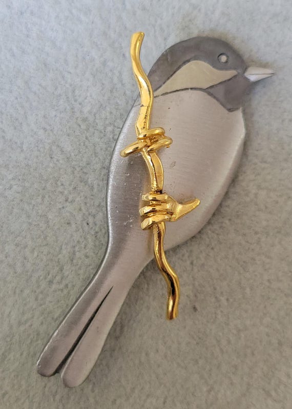 Shields pewter gold tone bird on a branch pin bro… - image 1