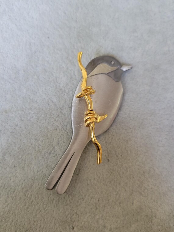 Shields pewter gold tone bird on a branch pin bro… - image 4