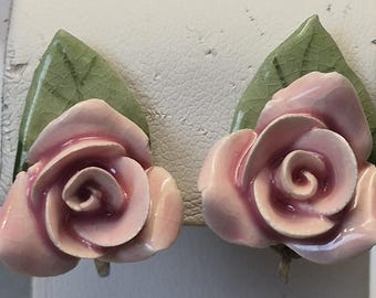 Porcelain figural pink rose flower screw back earrings clips earrings .75 x 1 inch