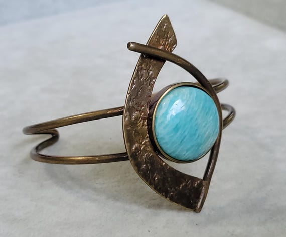 Hammered bronze amazonite cuff statement bracelet… - image 1