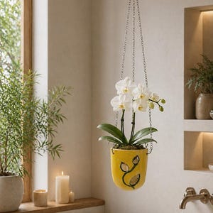 Puede incluir: Una maceta amarilla colgante con una orquídea blanca, suspendida por una cadena plateada. La maceta tiene un diseño decorativo de hojas. La escena está ambientada en un baño con bañera, velas y una ventana con vegetación.