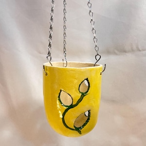 Hand-Built Yellow Ceramic Orchid Pot with Green Trim, Hanging Planter