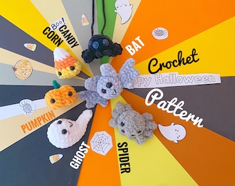 NO SEW Halloween pocket friends crochet pattern [English only], Ghost, Pumpkin, Bat, Spider, Candy corn