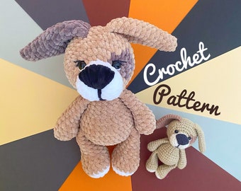 May include: Two crochet dog plushies, one large and one small, in shades of brown and tan. The larger dog has a white muzzle and paws, with the text "Crochet Pattern" in white script. The background is a geometric design in various colors.