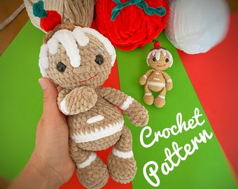 May include: Crochet pattern for a gingerbread man amigurumi toy. The pattern includes instructions for making a large gingerbread man and a smaller gingerbread man. The pattern is written in English.