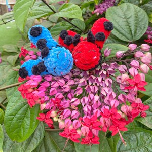 May include: A close-up of three plush caterpillar toys in red and blue, with black accents, resting on a cluster of pink and red flowers. The caterpillars have smiling faces. Green leaves provide a natural backdrop.