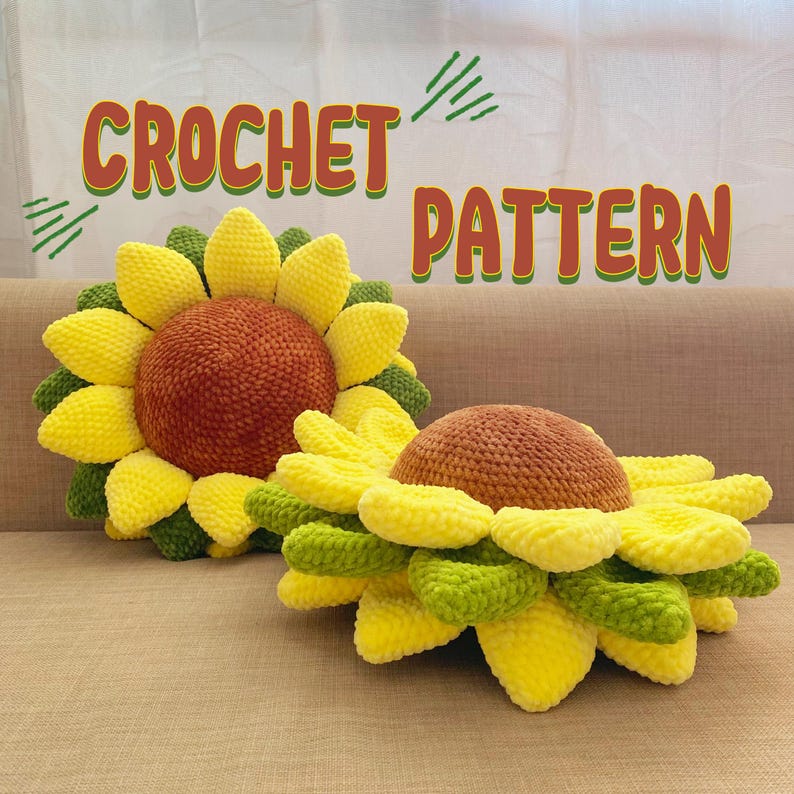 May include: Two crochet sunflower pillows with yellow petals, green leaves, and brown centers. The pillows are on a neutral-colored surface. The words "CROCHET PATTERN" are written in orange and green above the pillows.