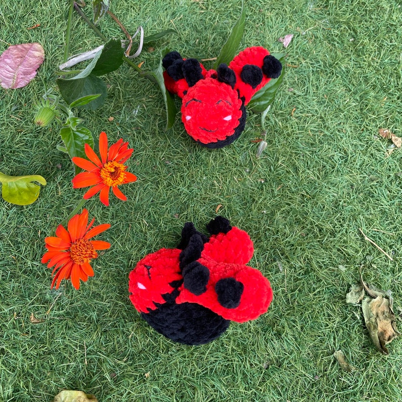 May include: Two handmade, plush ladybugs with red bodies, black spots, and black heads rest on green grass. Orange flowers and greenery are scattered around the ladybugs, creating a natural, whimsical scene.