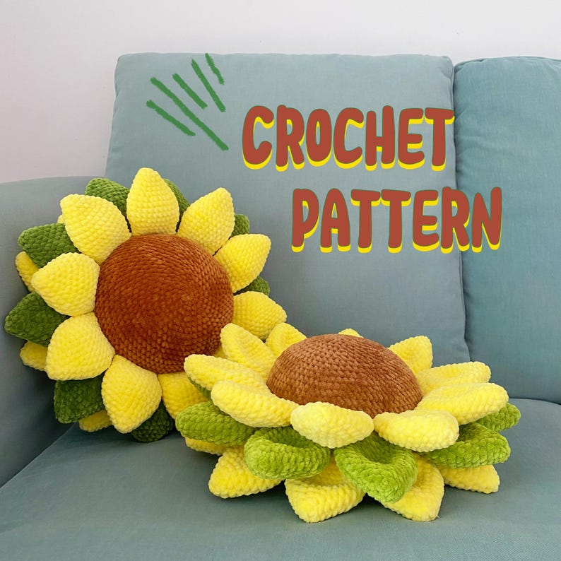 May include: Two sunflower-shaped crochet pillows with yellow, green, and brown details. The pillows are on a light blue couch. The text "CROCHET PATTERN" is displayed in the upper right corner.