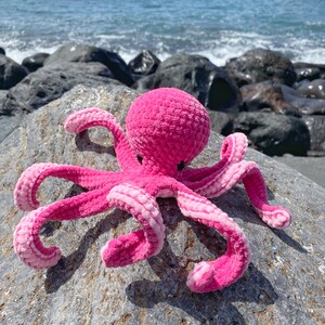以下が含まれることがあります： 表面がテクスチャ加工されたピンクの毛糸で編まれたタコのおもちゃ。タコは灰色の岩の上に座っています。
