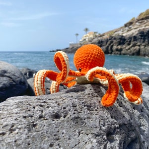 以下が含まれることがあります： グレーの岩の上に、白のアクセントが付いたオレンジ色の編みぐるみタコが座っています。