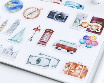 45pcs Watercolor Travel Stickers: Vintage Scrapbook Planner Decals