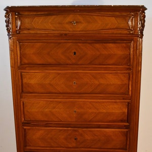 1890s Antique French Louis XV Walnut Marble top ladies Lingerie chest of drawers