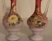 Vintage Bohemian Harrach stained Pink Glass Small Hand Painted Vases