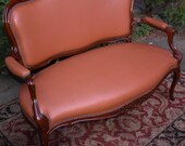 1920s French Louis XV Carved Walnut Vinyl Settee Loveseat sofa