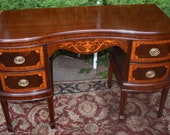 1920s English Sheraton Mahogany Banded Satinwood inlay Writing desk Vanity Desk