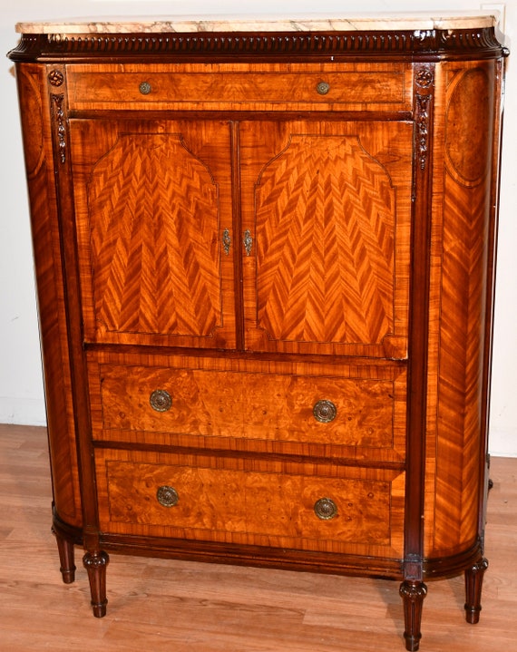 1900 Antique French Louis XVI Satinwood & Burl Walnut Marble top Dresser
