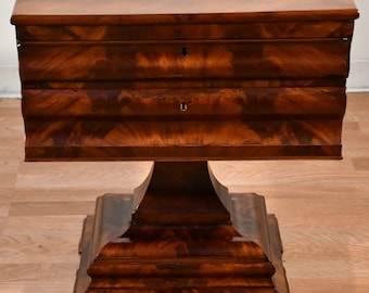 1880s Antique American Empire crotch mahogany work table / side table