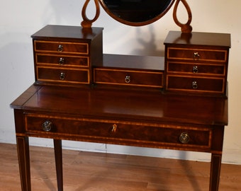 1920 Antique English Sheraton Mahogany inlaid Vanity / ladies desk with mirror