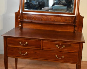 1900s Antique Maple & CO English Hepplewhite Mahogany ladies Vanity and mirror