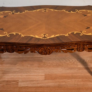 1910s Antique French Louis XV Walnut & Satinwood Floral Inlay Coffee Table