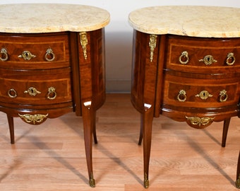 1890 Antique French Louis XV Walnut inlaid Marble top nightstands bedside tables