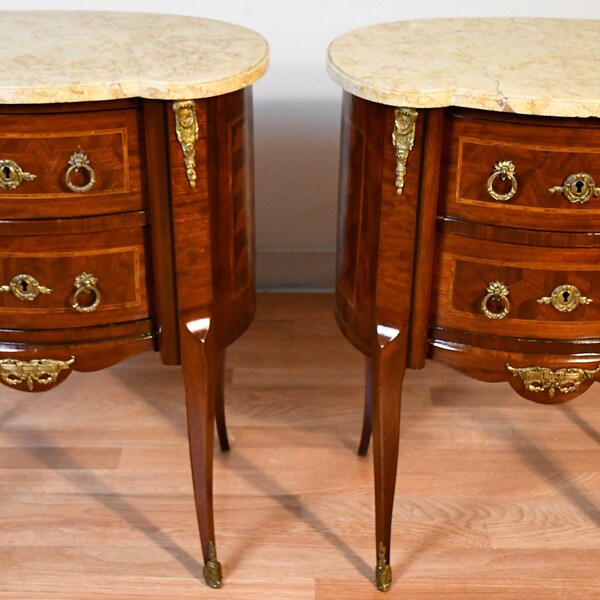 1890 Antique French Louis XV Walnut inlaid Marble top nightstands bedside tables