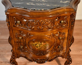 1930s French Louis XV carved Walnut & Marble top Nightstand / bedside table