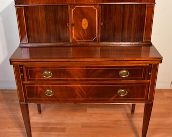 1940s English Hepplewhite Mahogany inlaid secretary writing desk / tambour desk