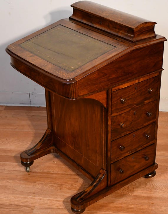 Rare 1870s Antique Victorian Burl Walnut inlay leather surface Davenport Writing desk