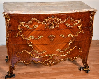 1880 Antique French Louis XV Burl Walnut & Walnut Marble top Commode / dresser