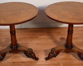 Pair of 1930s English Regency Style Burl Maple Accent Tables Side Tables
