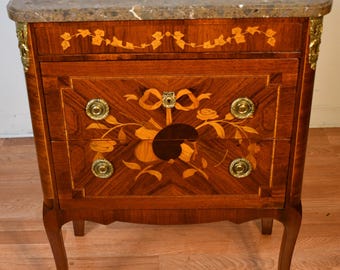 1900 Antique French Louis XV Walnut inlaid & Marble top Commode / Nightstand