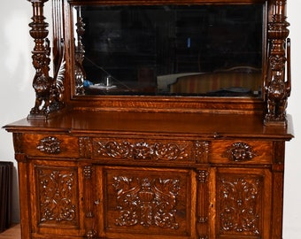 1880 Antique RJ Horner Tiger Oak carved winged Griffin Server buffet sideboard