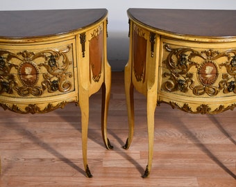 1930s French Walnut hand painted pair of nightstands / bedside tables