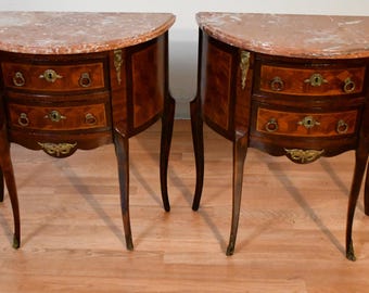 1890s PAIR French Louis XV Walnut Satinwood inlay & marble top nightstands