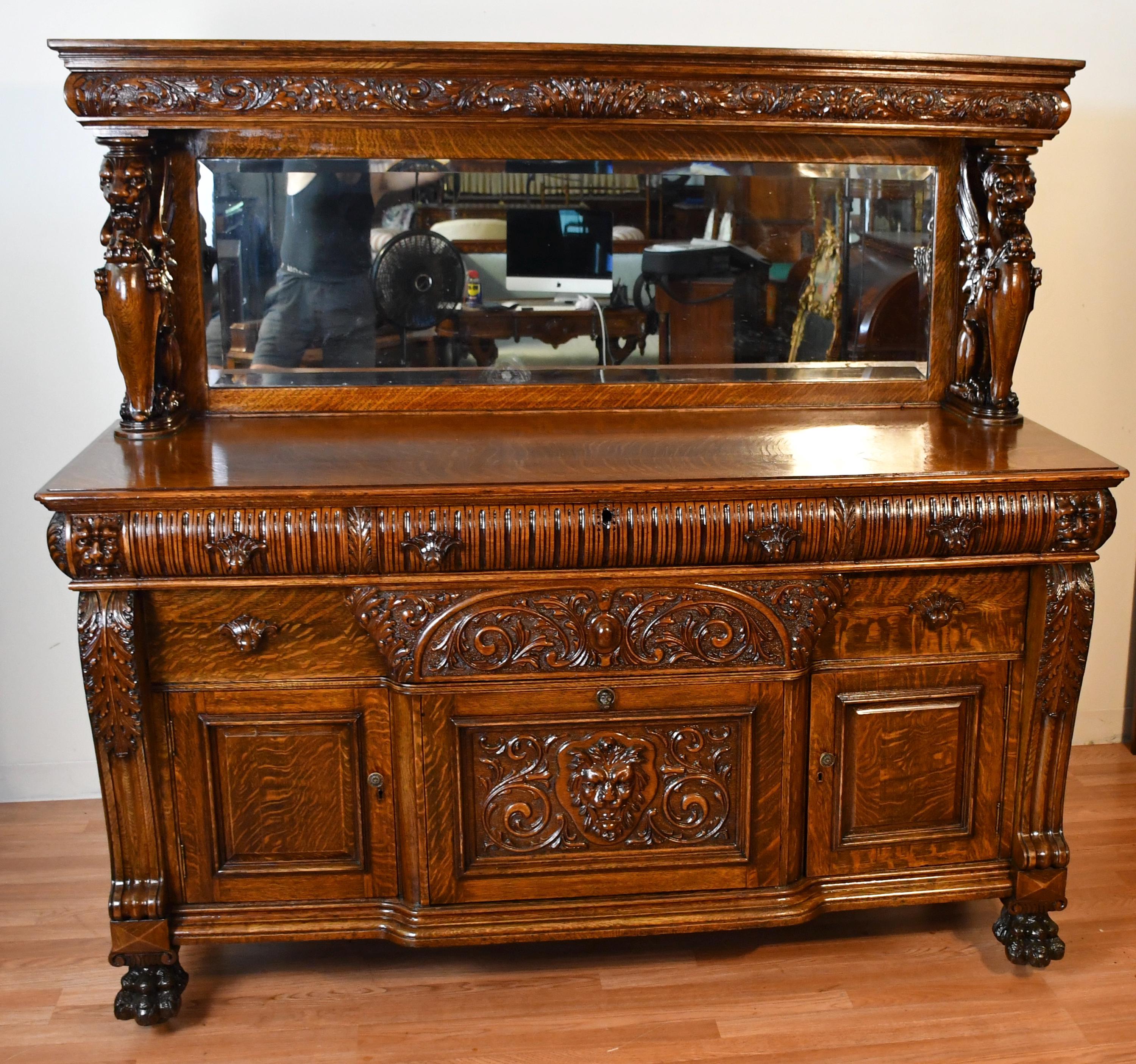 1890s Antique RJ Horner Tiger Oak Carved Winged Griffin Server